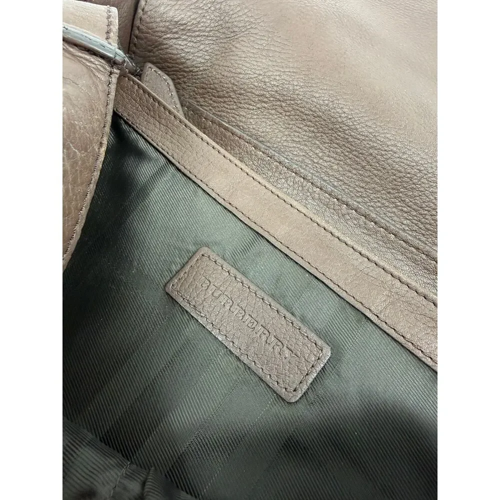 Burberry Men Brown Pebbled Leather Messenger Bag Crossbody Nova Check Lined Flap